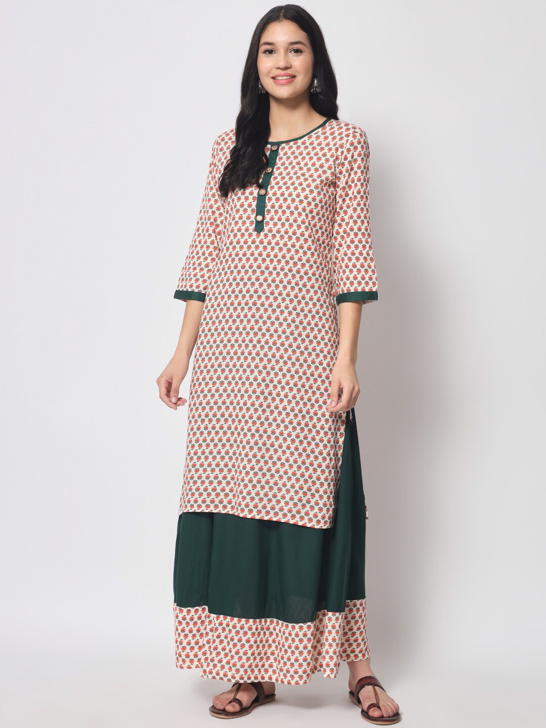 

KALINI Floral Printed Straight Kurta with Skirt, Beige