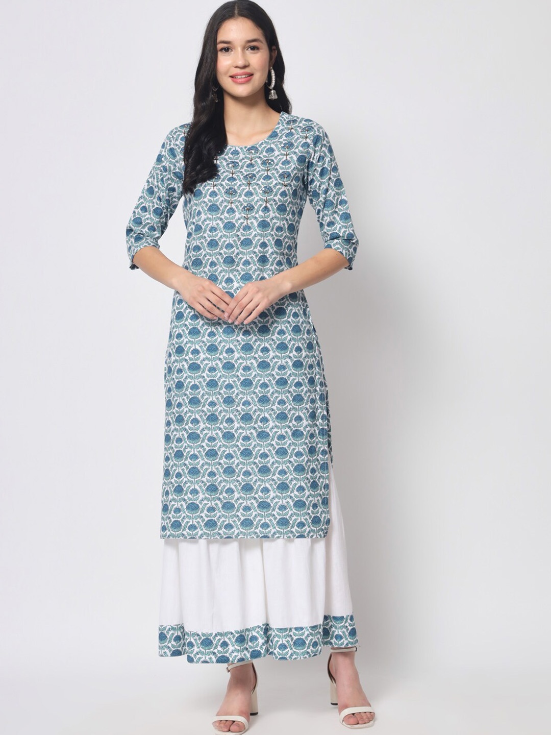 

KALINI Floral Printed Regular Kurta with Sharara, Blue