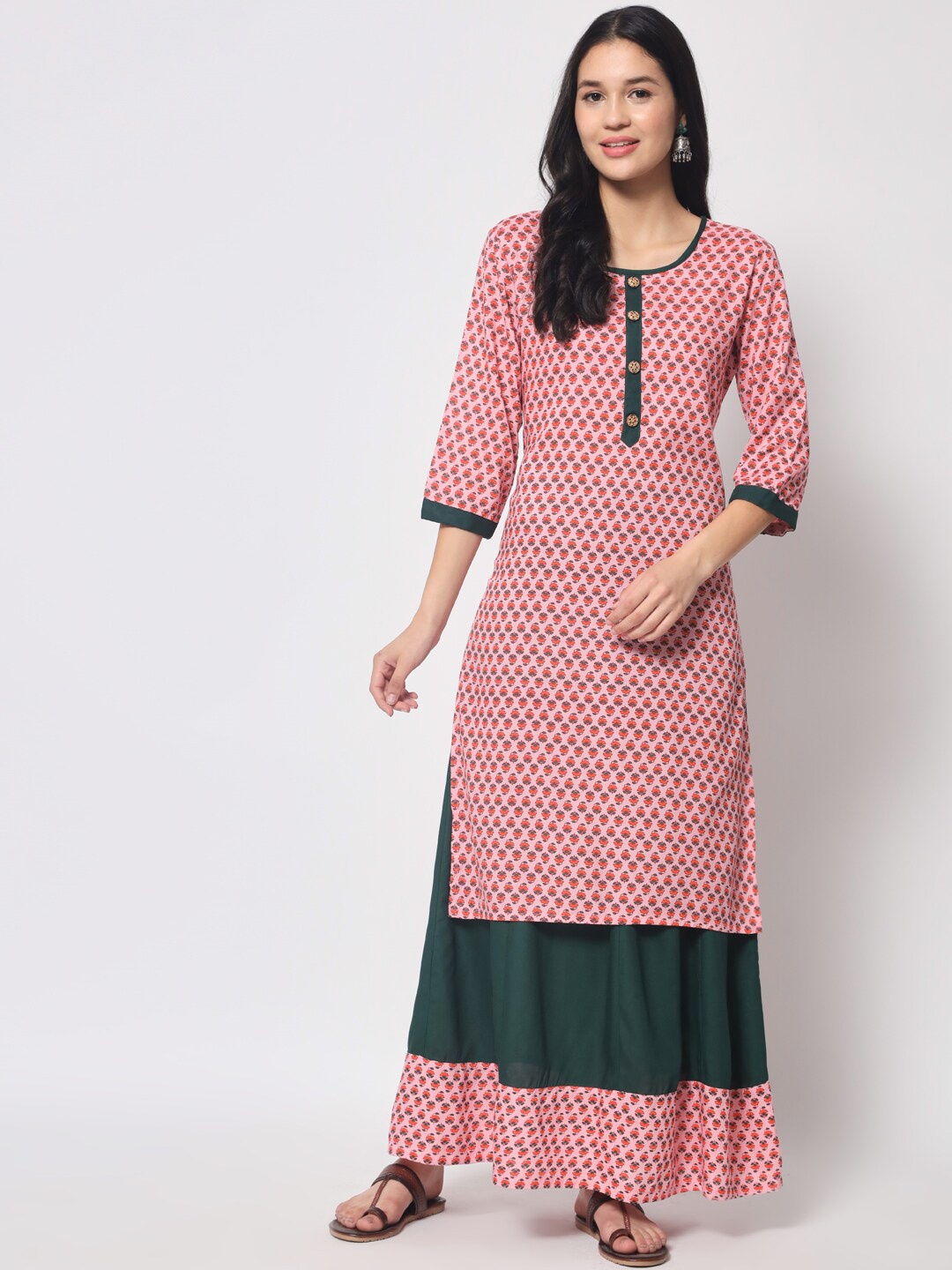 

KALINI Floral Printed Regular Kurta with Skirt, Pink