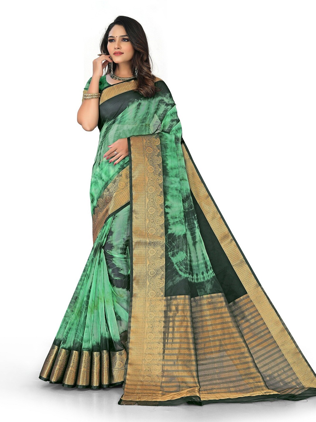 

Rivana Tie and Dye Zari Organza Saree, Green