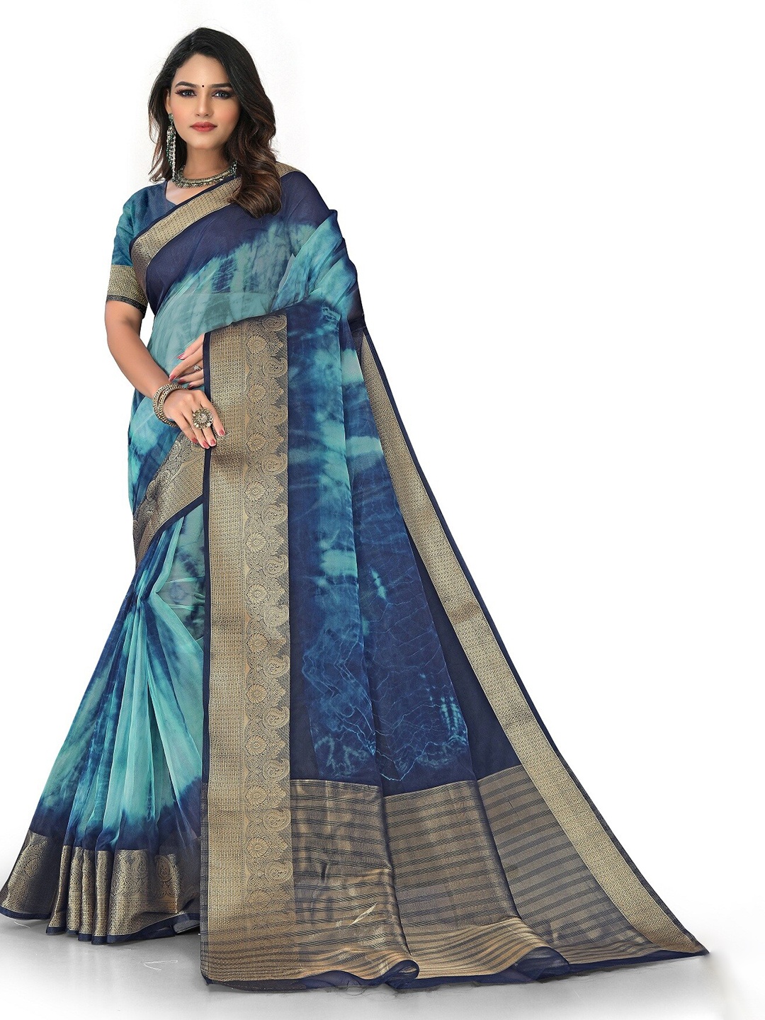 

Rivana Tie and Dye Zari Organza Saree, Blue