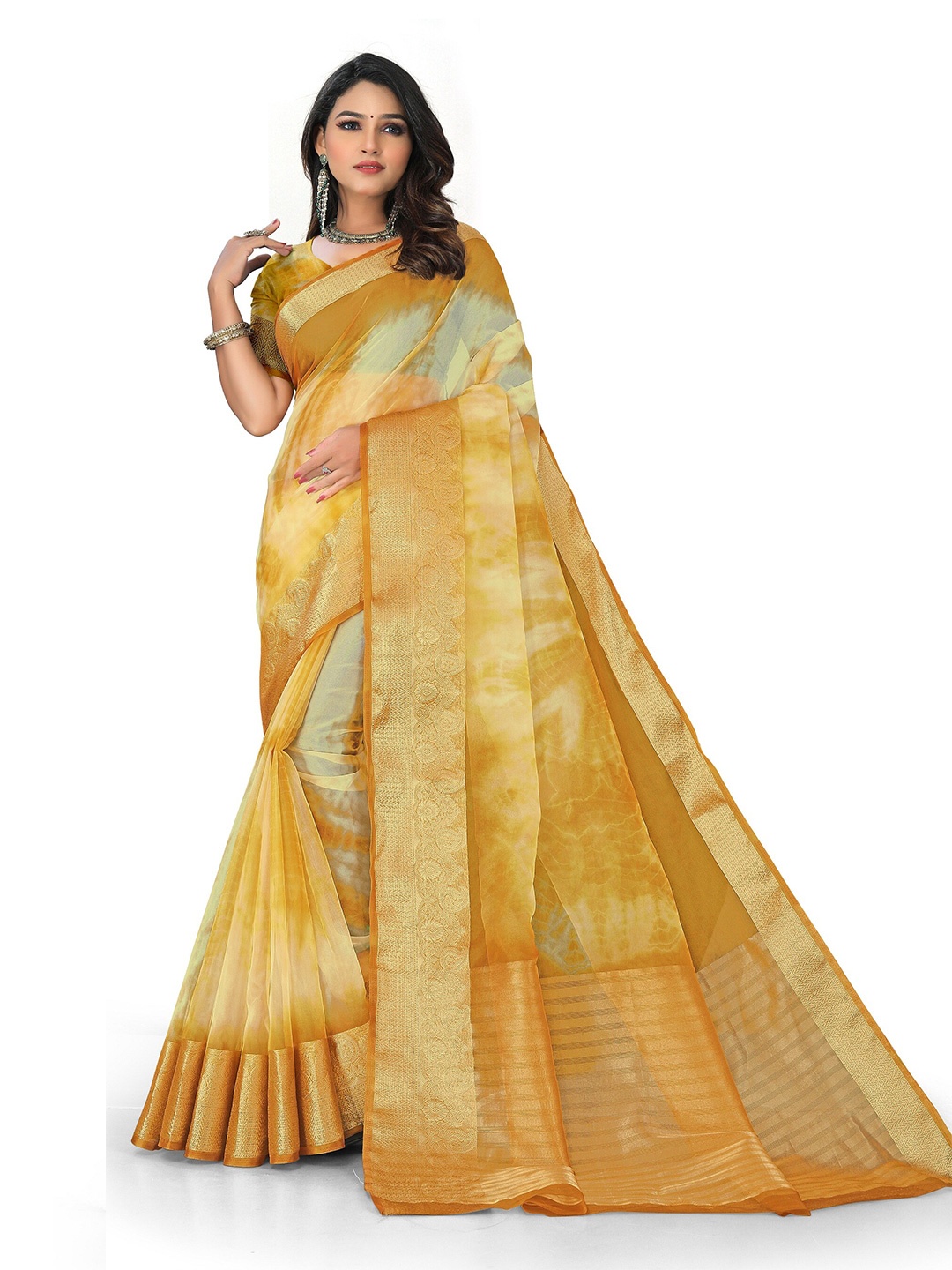 

Rivana Tie and Dye Zari Organza Saree, Yellow