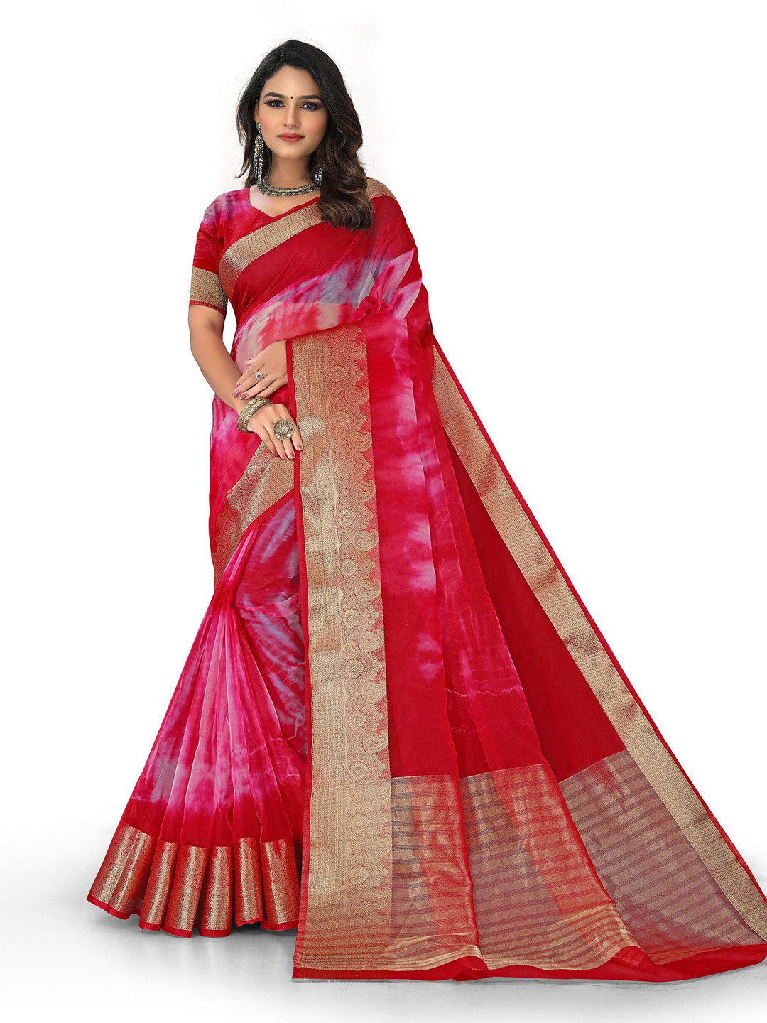 

Rivana Tie and Dye Zari Organza Saree, Red
