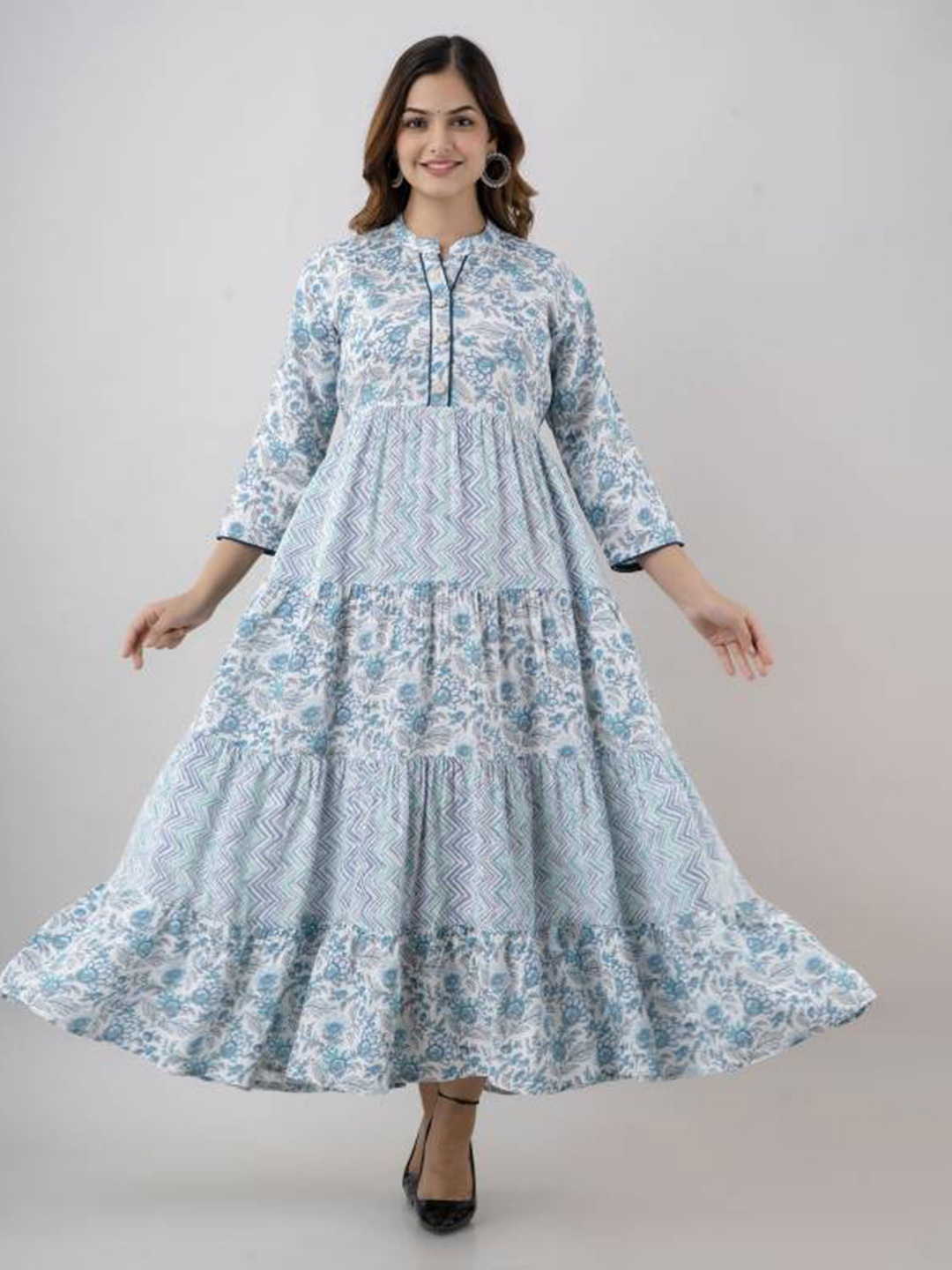 

SBR BABA KURTI Floral Printed Mandarin Collar Tie-Ups Tiered Fit & Flare Maxi Ethnic Dress, Blue