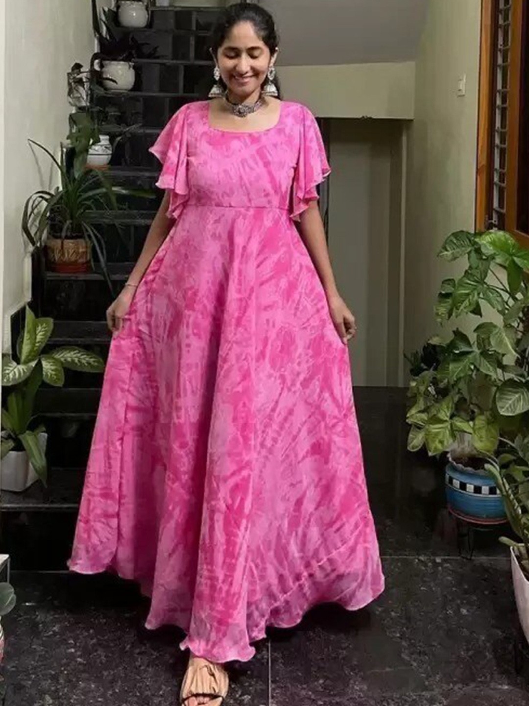 

KALINI Tie & Dyed Square Neck Fit & Flared Georgette Ethnic Dress, Pink