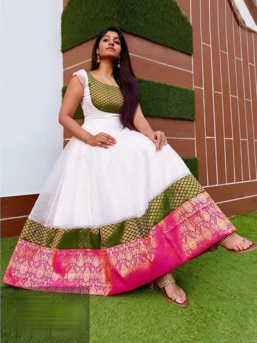 

KALINI Self Design Silk Fit & Flared Maxi Ethnic Dress, White