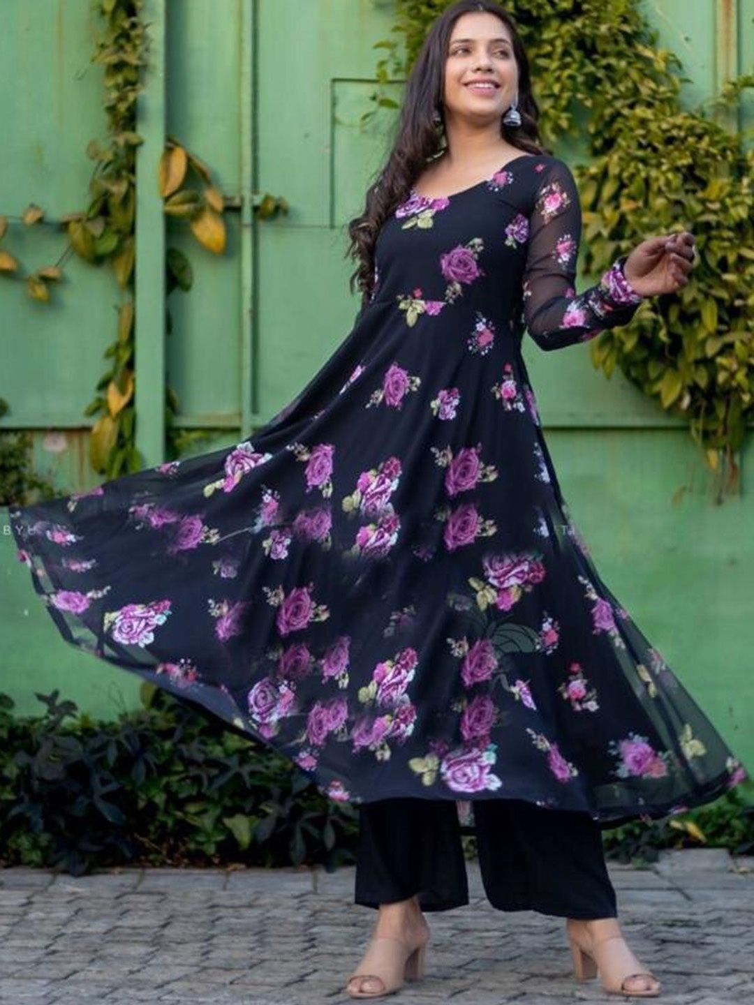 

KALINI Floral Printed Round Neck Gathered Fit & Flare Ethnic Dresses, Black