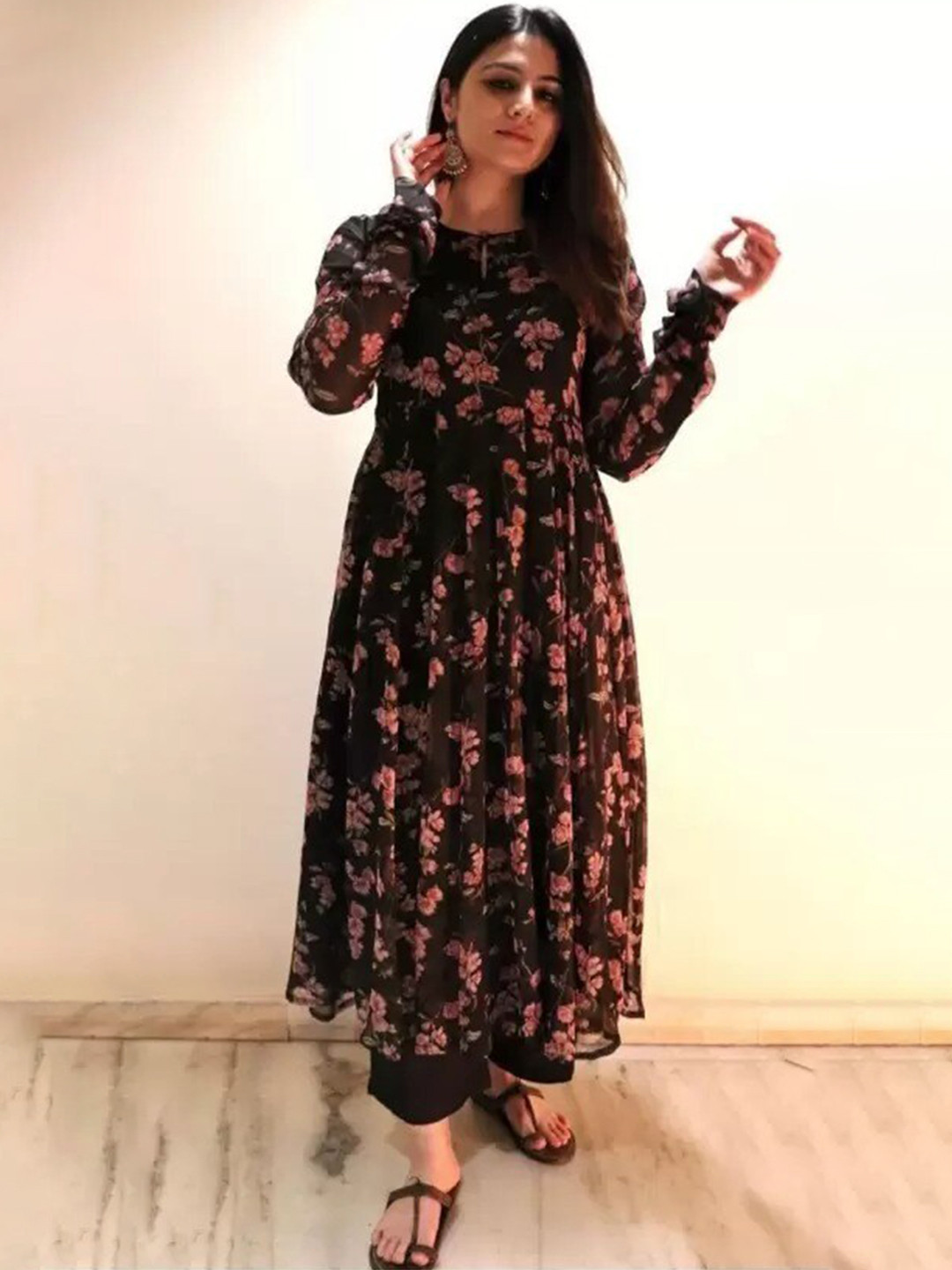

KALINI Floral Printed Keyhole Neck Georgette Maxi Dress, Black