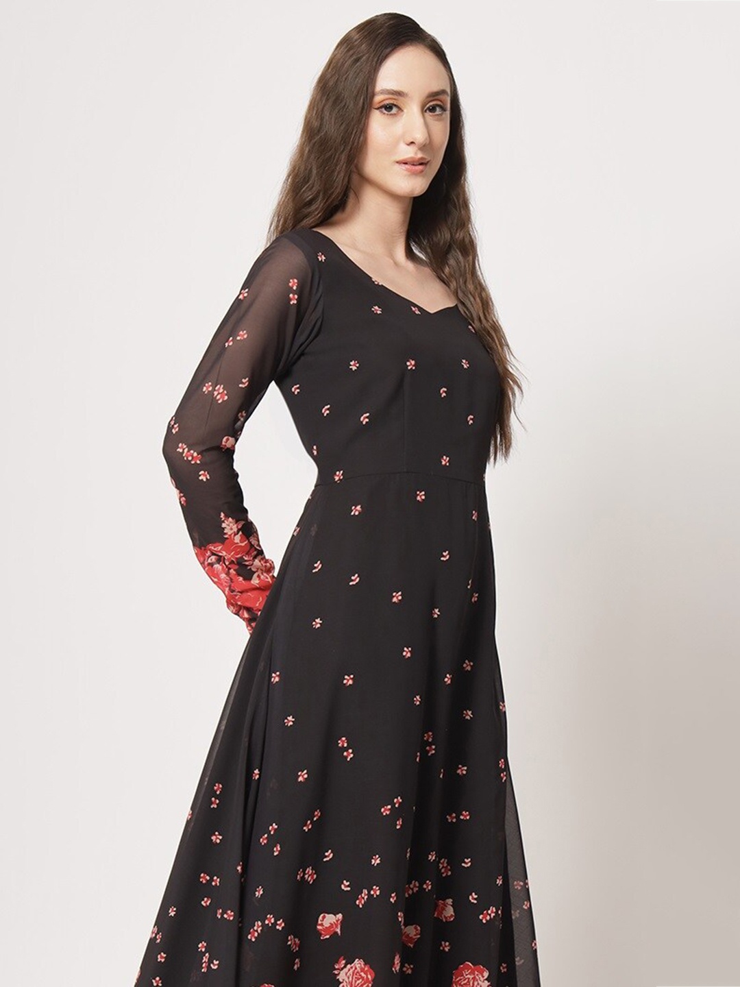 

KALINI Floral Printed Fit and Flare Georgette Ethnic Dress, Black