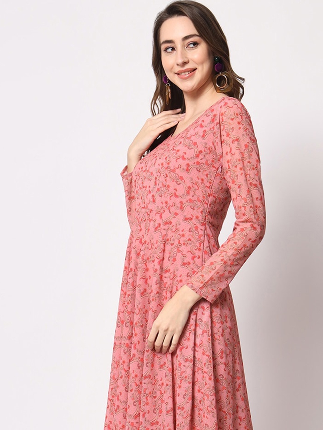 

KALINI Floral Printed Gathered Georgette Fit & Flare Dress, Peach