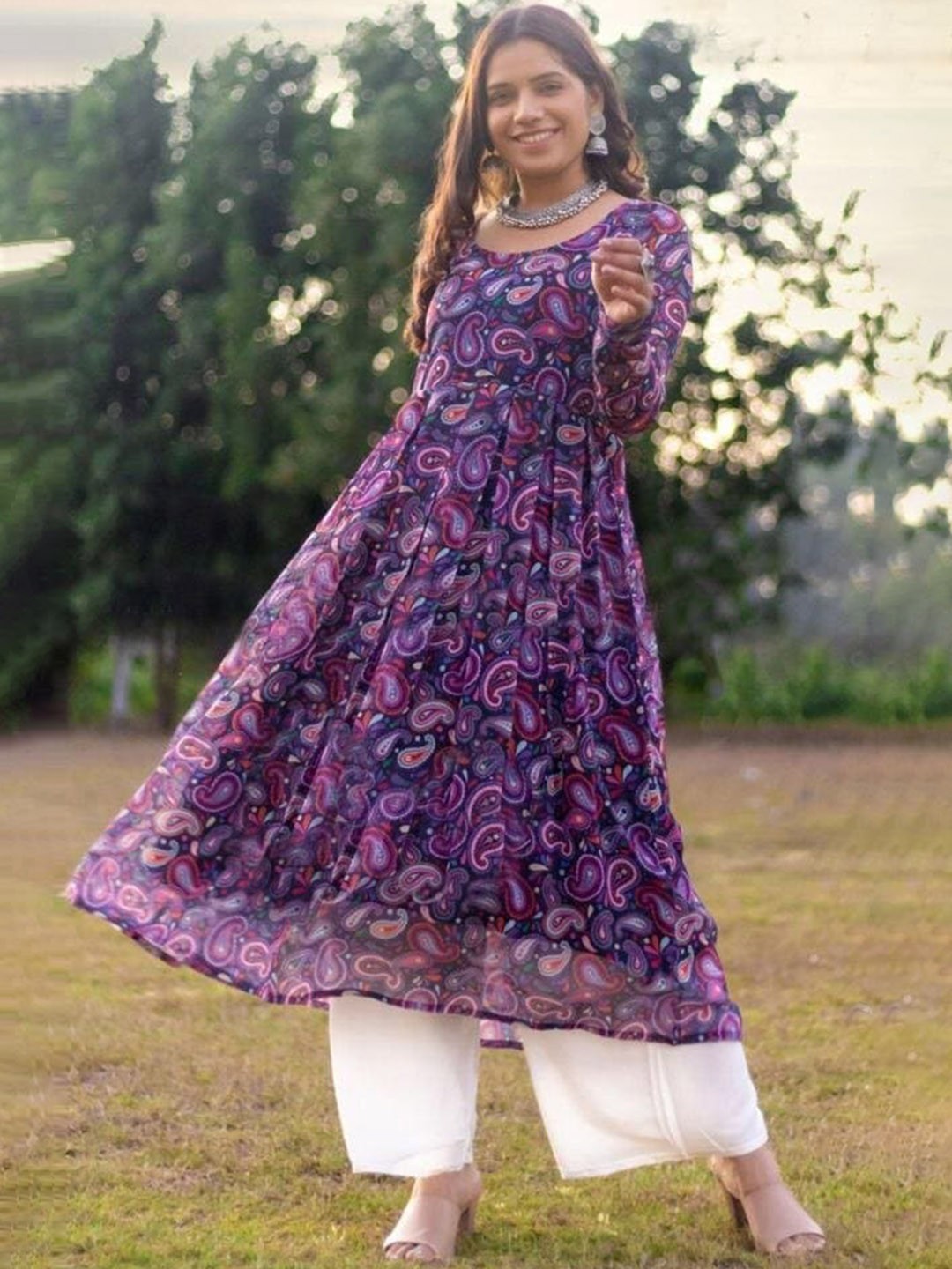 

KALINI Paisley Ethnic Motifs Printed Gathered Fit & Flare Ethnic Dress, Purple