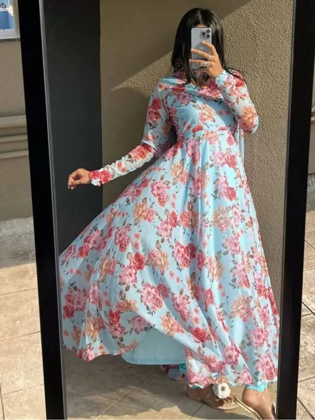

KALINI Floral Printed V-Neck Georgette Ethnic Dress With Dupatta, Blue