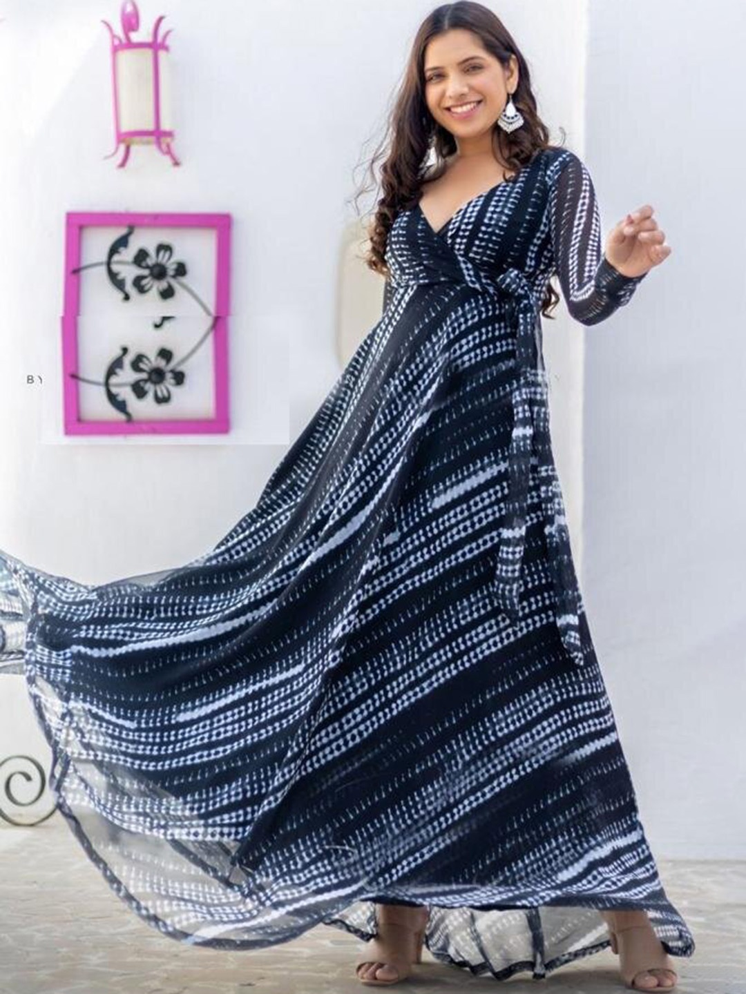 

KALINI Tie & Dye V-Neck Georgette Angrakha Style Dress, Black