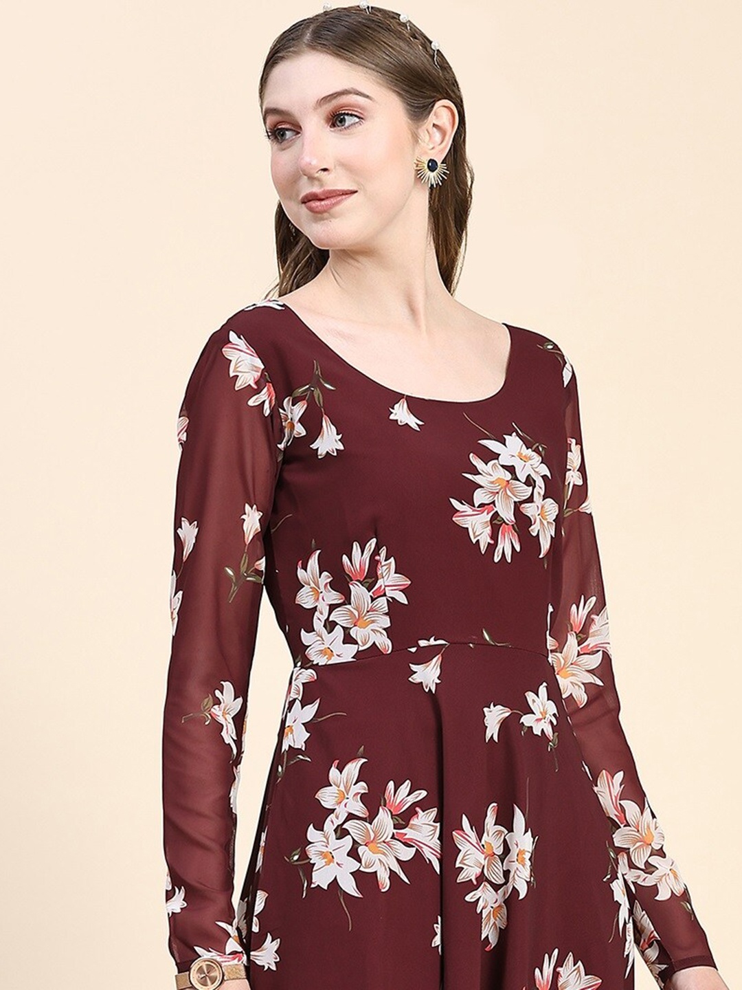 

KALINI Floral Printed Fit & Flared Georgette Ethnic Dress, Burgundy