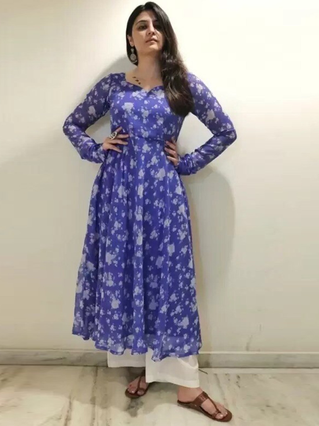

KALINI Floral Printed Round Neck Gathered Fit & Flare Ethnic Dresses, Blue