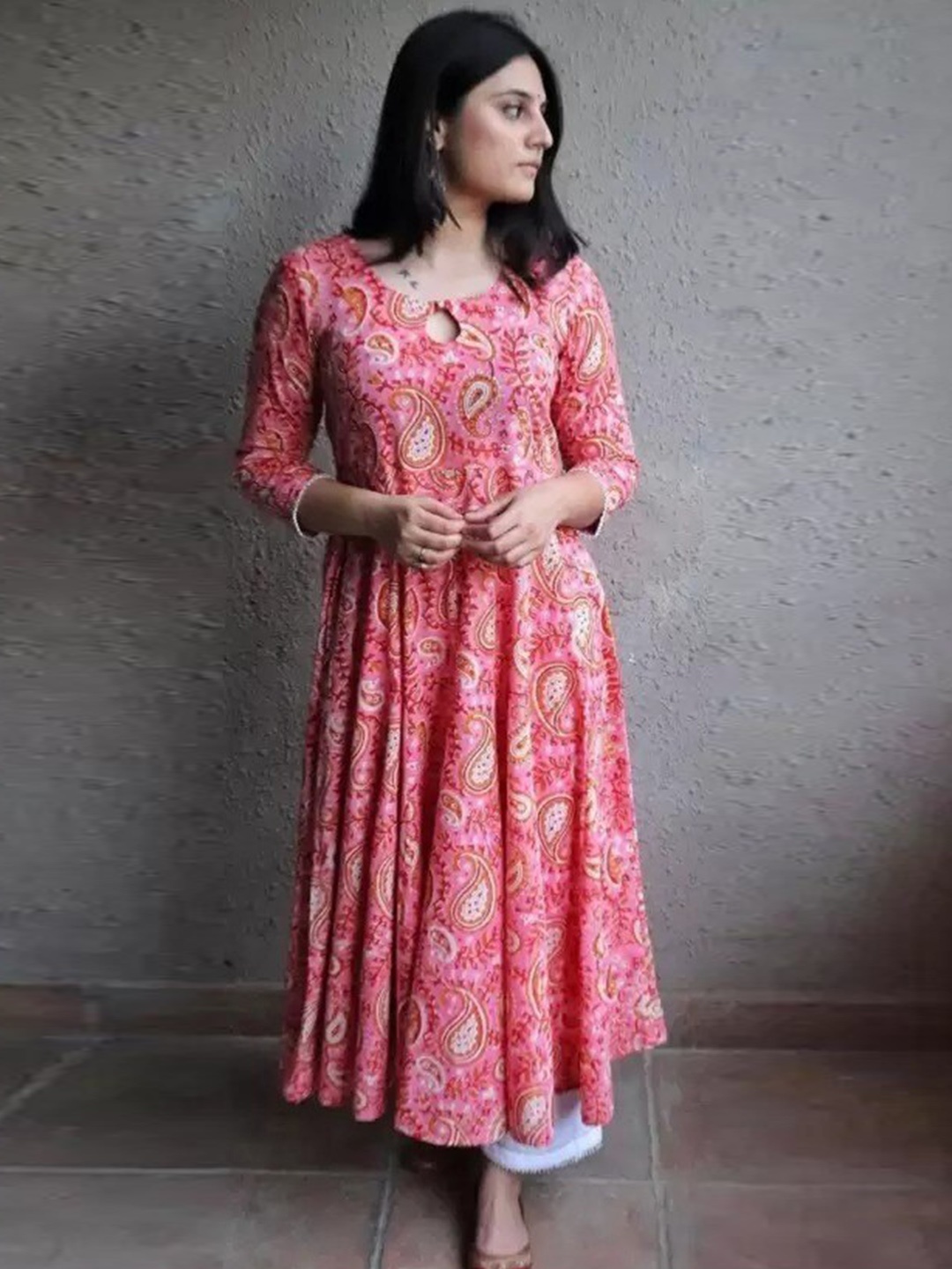 

KALINI Paisley Ethnic Motifs Printed Gathered Fit & Flare Ethnic Dress, Pink