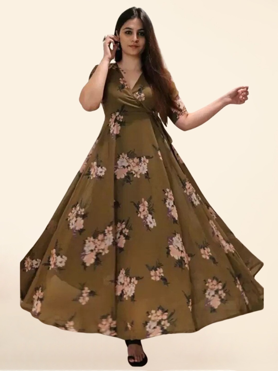 

KALINI Floral Printed V-Neck Tie-Ups Fit & Flare Ethnic Dresses, Brown