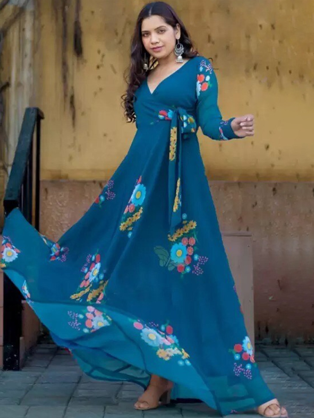 

KALINI Floral Printed Tie Ups Fit & Flared Maxi Dress, Blue