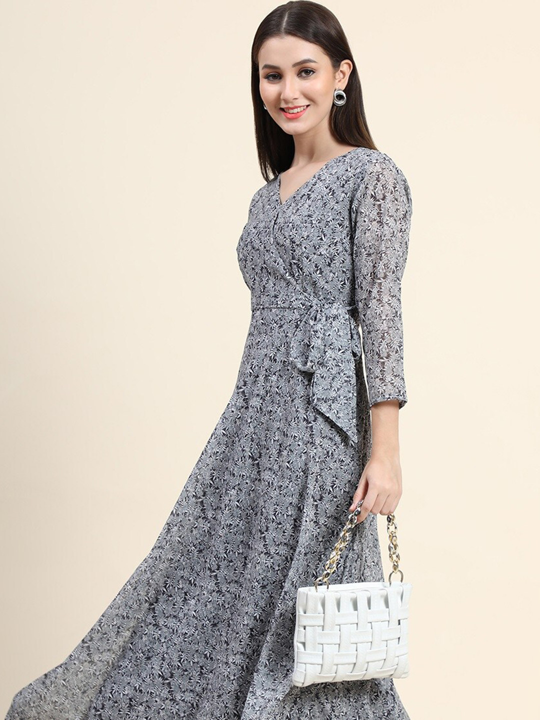 

KALINI Floral Printed V-Neck Georgette Maxi Ethnic Dress, Grey