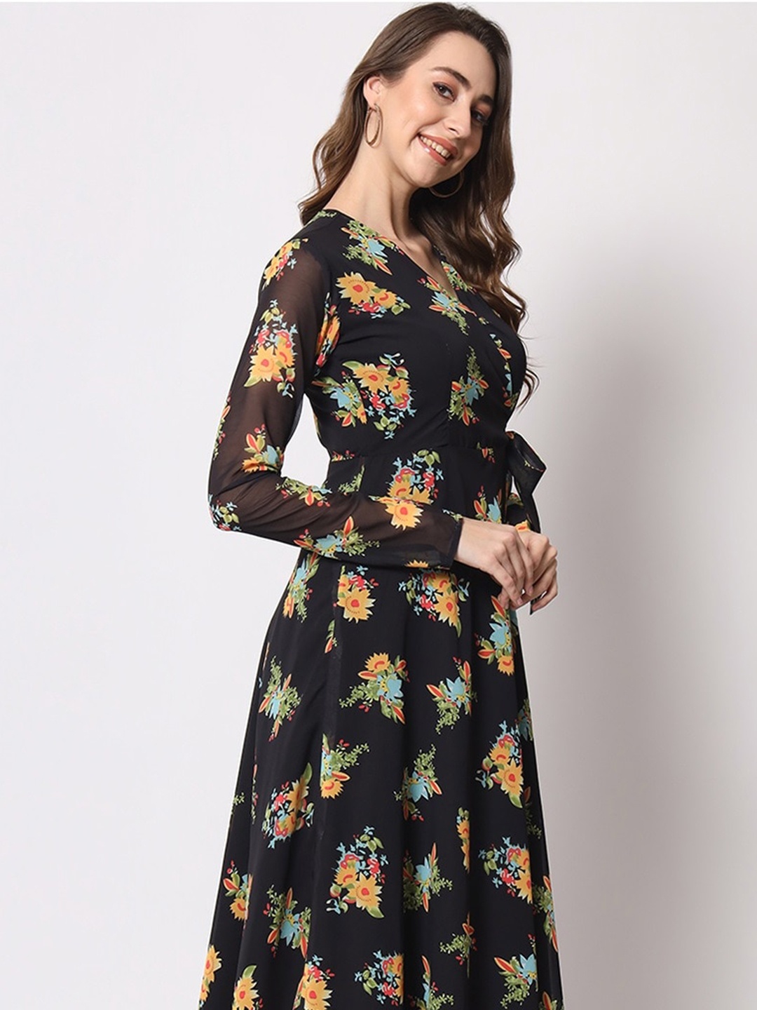 

KALINI Floral Printed V-Neck Georgotte Angrakha Maxi Dress, Black