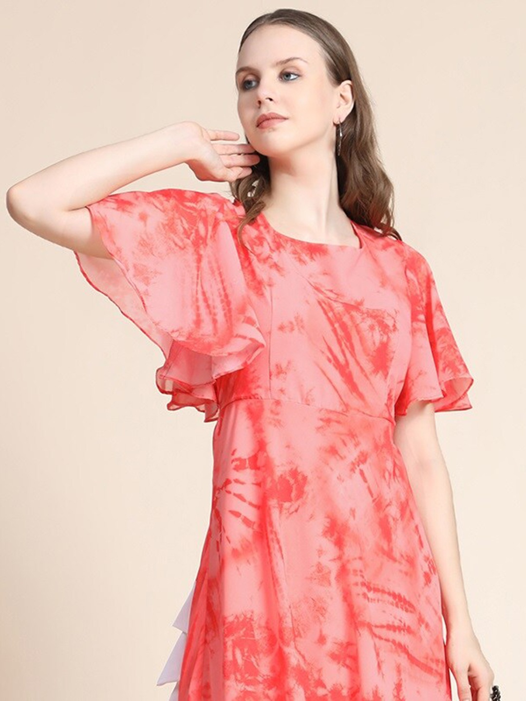 

KALINI Abstract Printed Flared Sleeves Georgette Maxi Dress, Peach