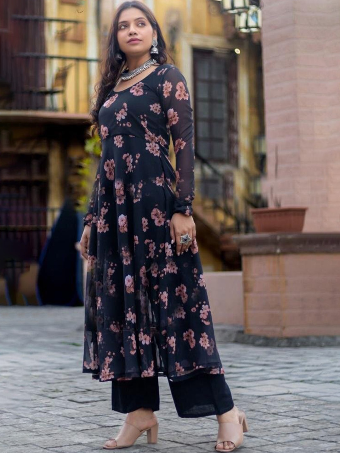 

KALINI Floral Printed Fit & Flared Midi Ethnic Dress, Black