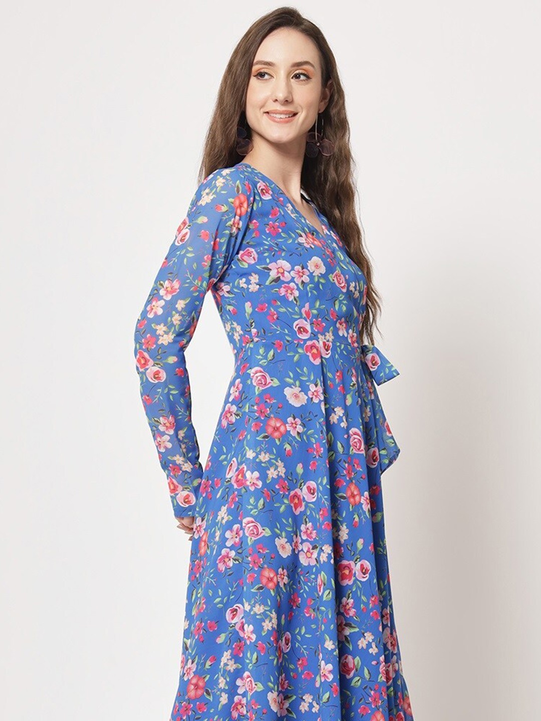 

KALINI Floral Printed Tie Ups Fit & Flared Midi Dress, Blue