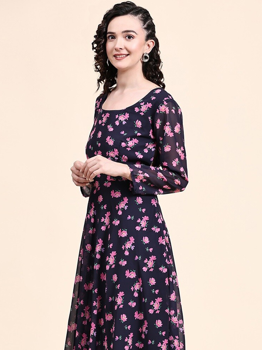 

KALINI Floral Printed Fit & Flared Georgette Ethnic Dress, Navy blue