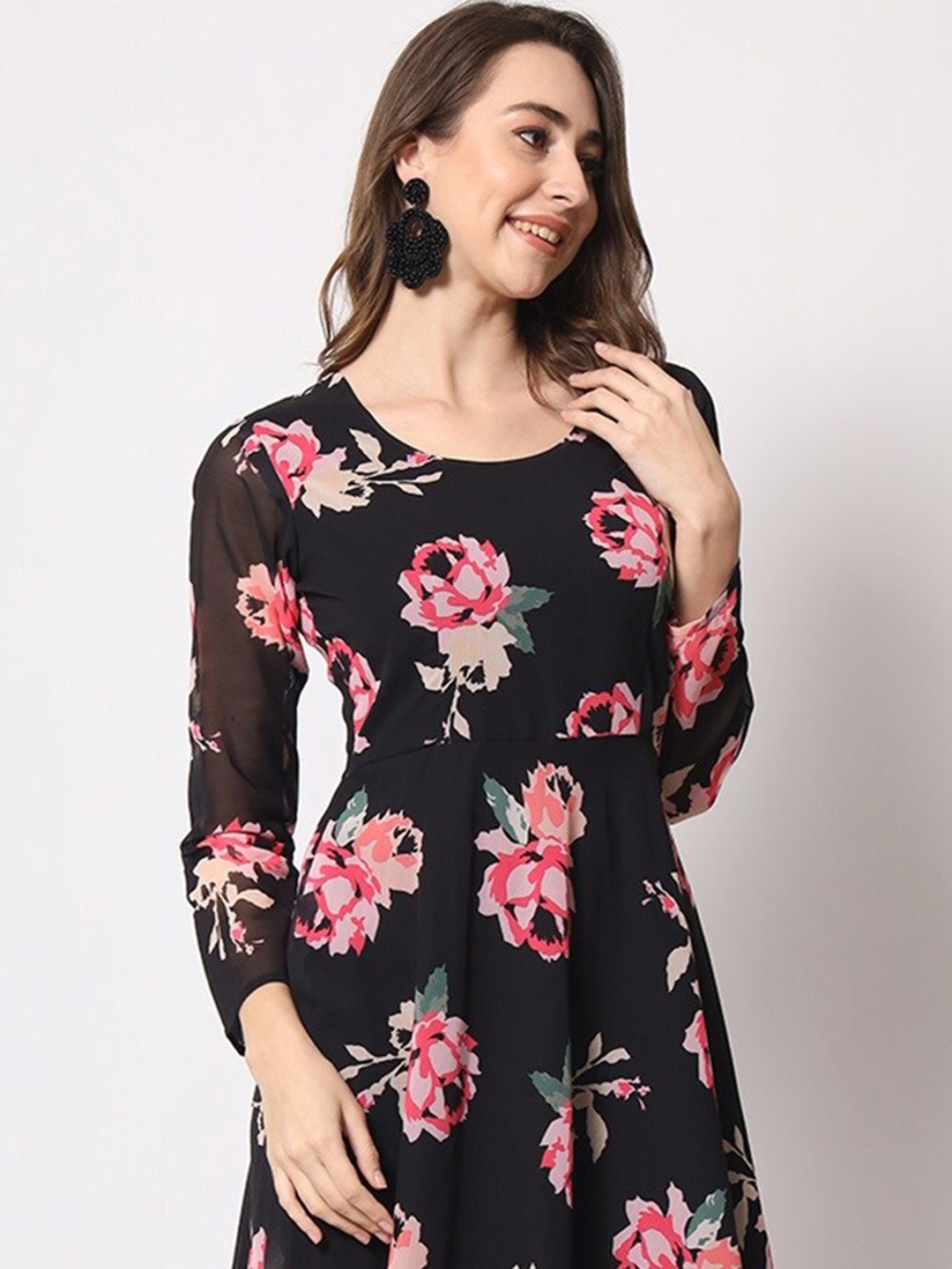 

KALINI Floral Printed Fit & Flared Georgette Ethnic Dress, Black