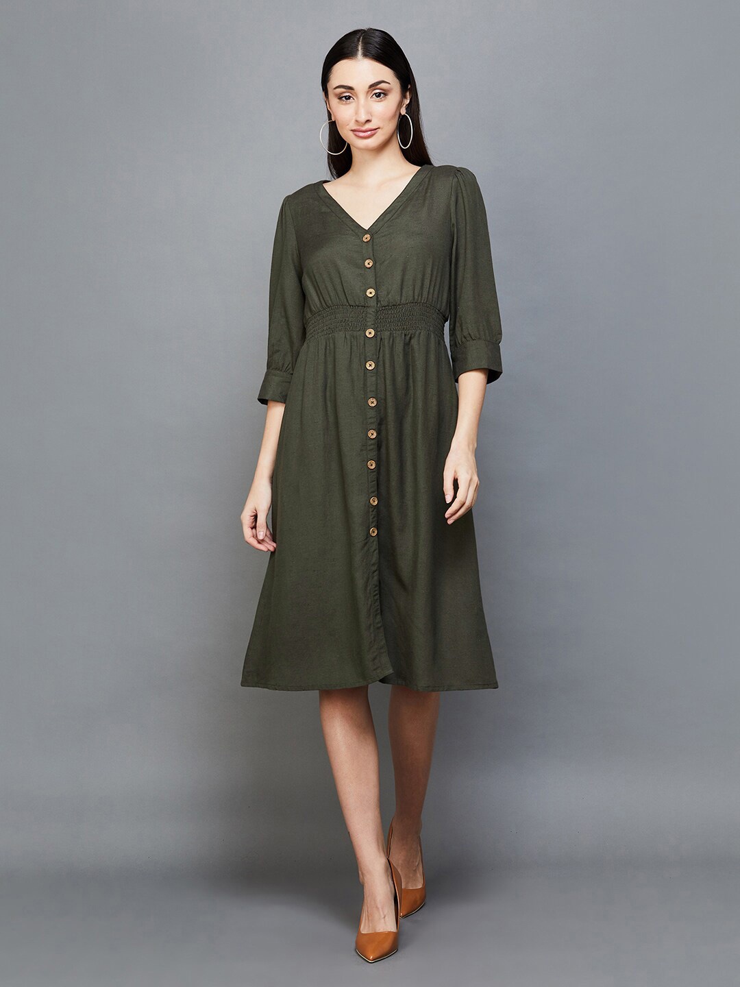 

CODE by Lifestyle Puff Sleeves V-Neck A-Line Dress, Olive