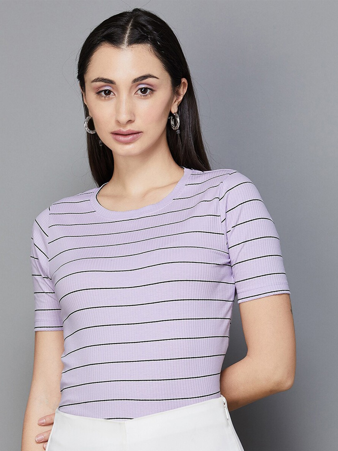 

CODE by Lifestyle Striped Cotton Regular Top, Purple