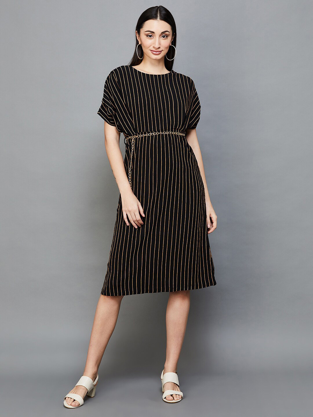 

CODE by Lifestyle Striped Extended Sleeves A-Line Dress, Black