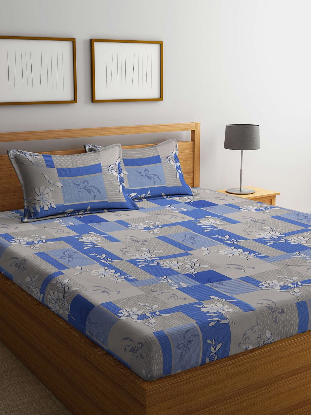 

Blue & Grey Floral Pure Cotton 400 TC Double King Bedsheet With 2 Pillow Covers