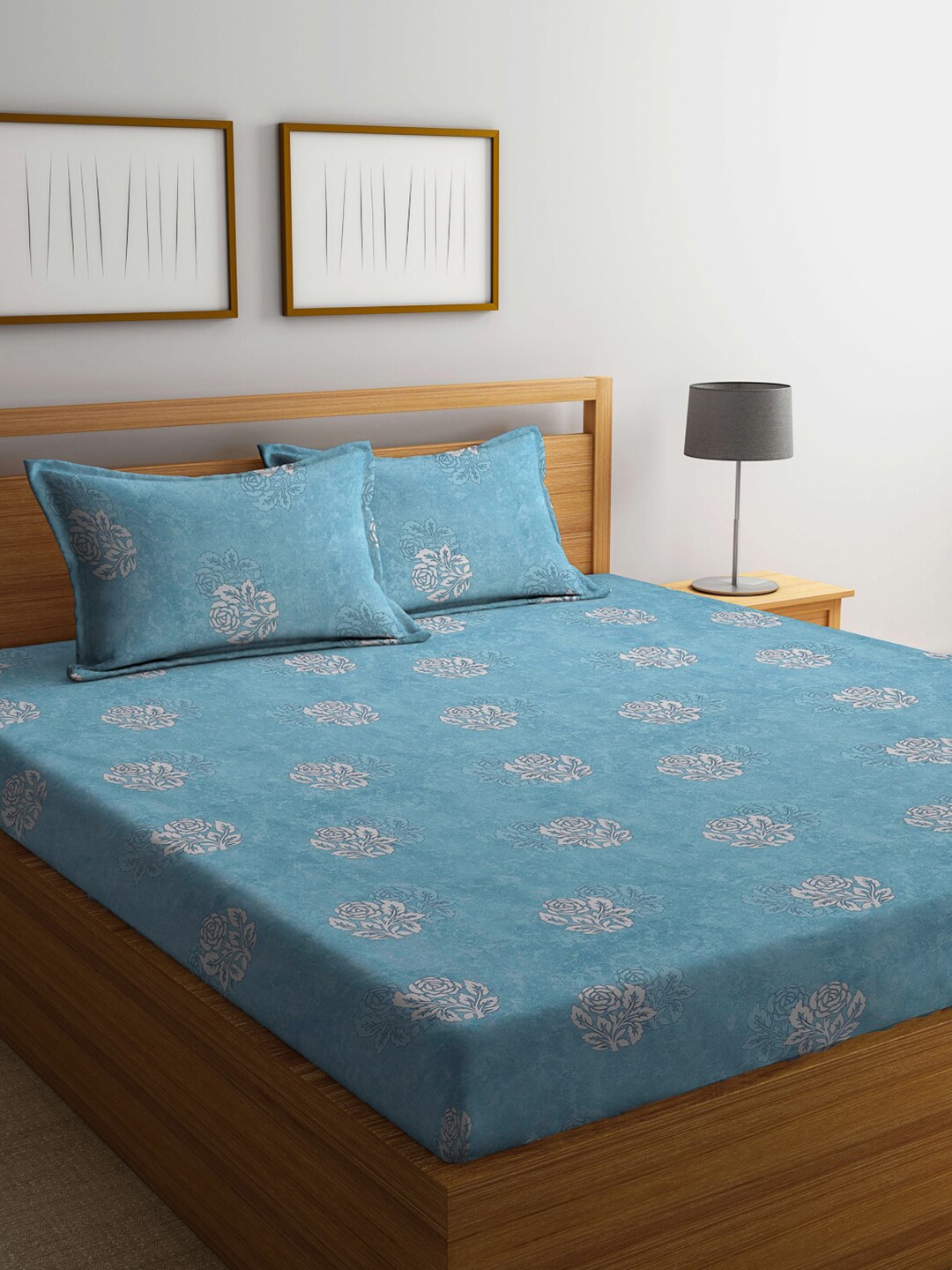 

KLOTTHE Blue & White Floral Pure Cotton 400 TC Double Bedsheet With 2 Pillow Covers, Turquoise blue