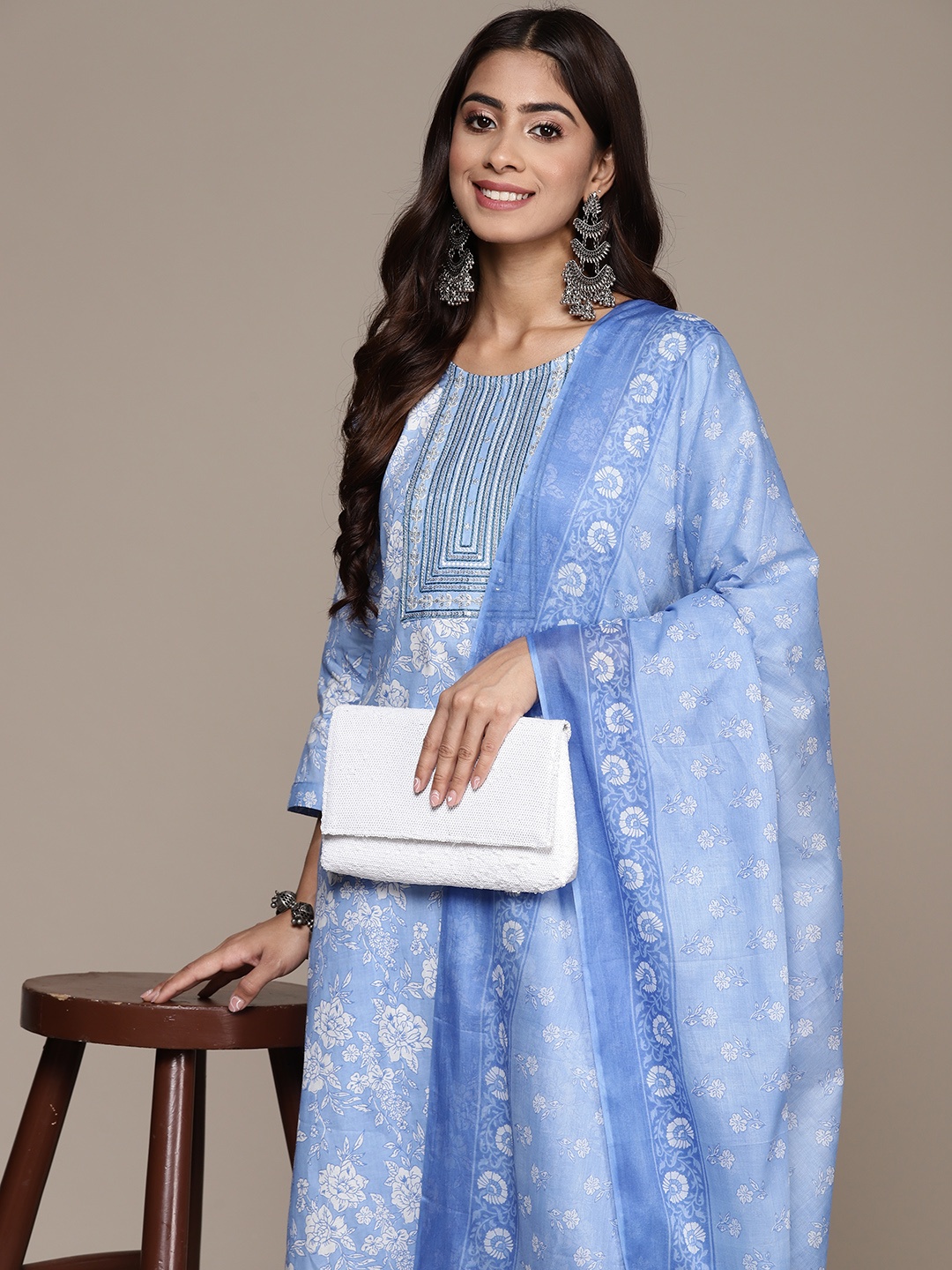 

Anubhutee Women Blue Floral Printed Regular Sequinned Pure Cotton Kurta with Trousers & With Dupatta