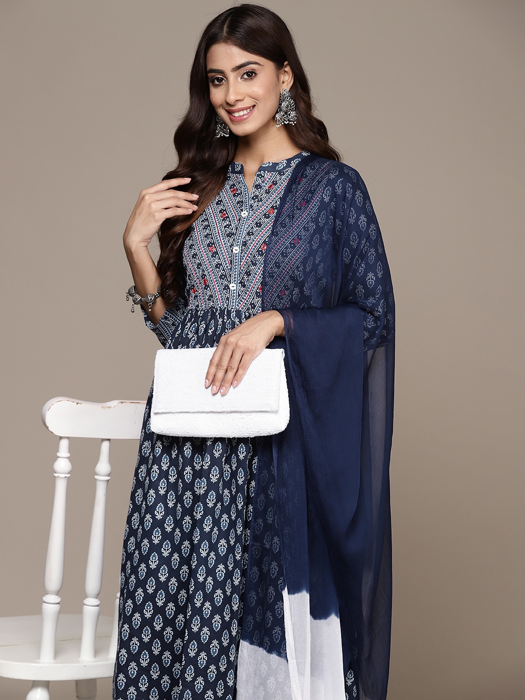 

Anubhutee Ethnic Motifs Printed Mirror Work Pure Cotton Kurta with Palazzos & Dupatta, Navy blue