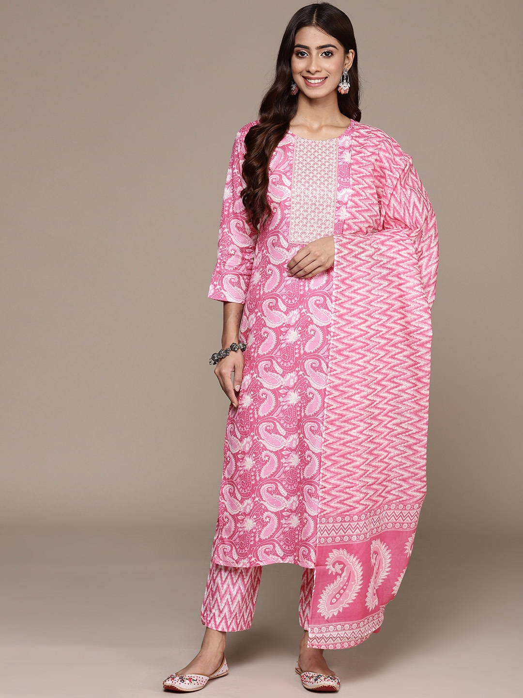 

Anubhutee Paisley Printed Sequinned Pure Cotton Kurta with Trousers & Dupatta, Pink