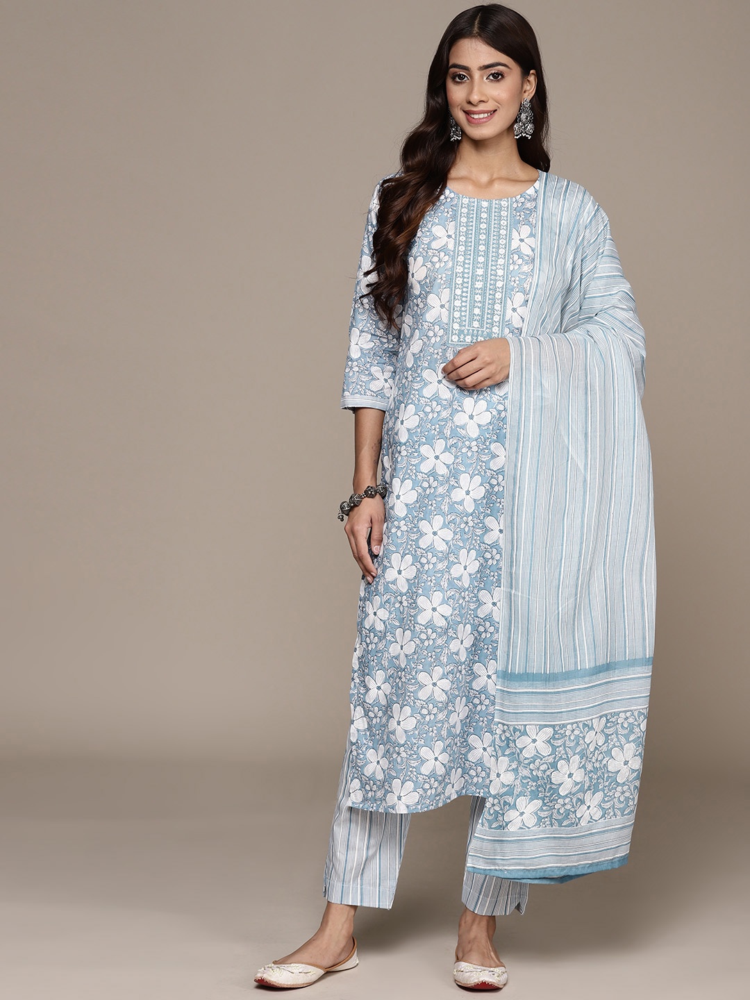 

Anubhutee Floral Printed Sequinned Pure Cotton Kurta with Trousers & Dupatta, Blue