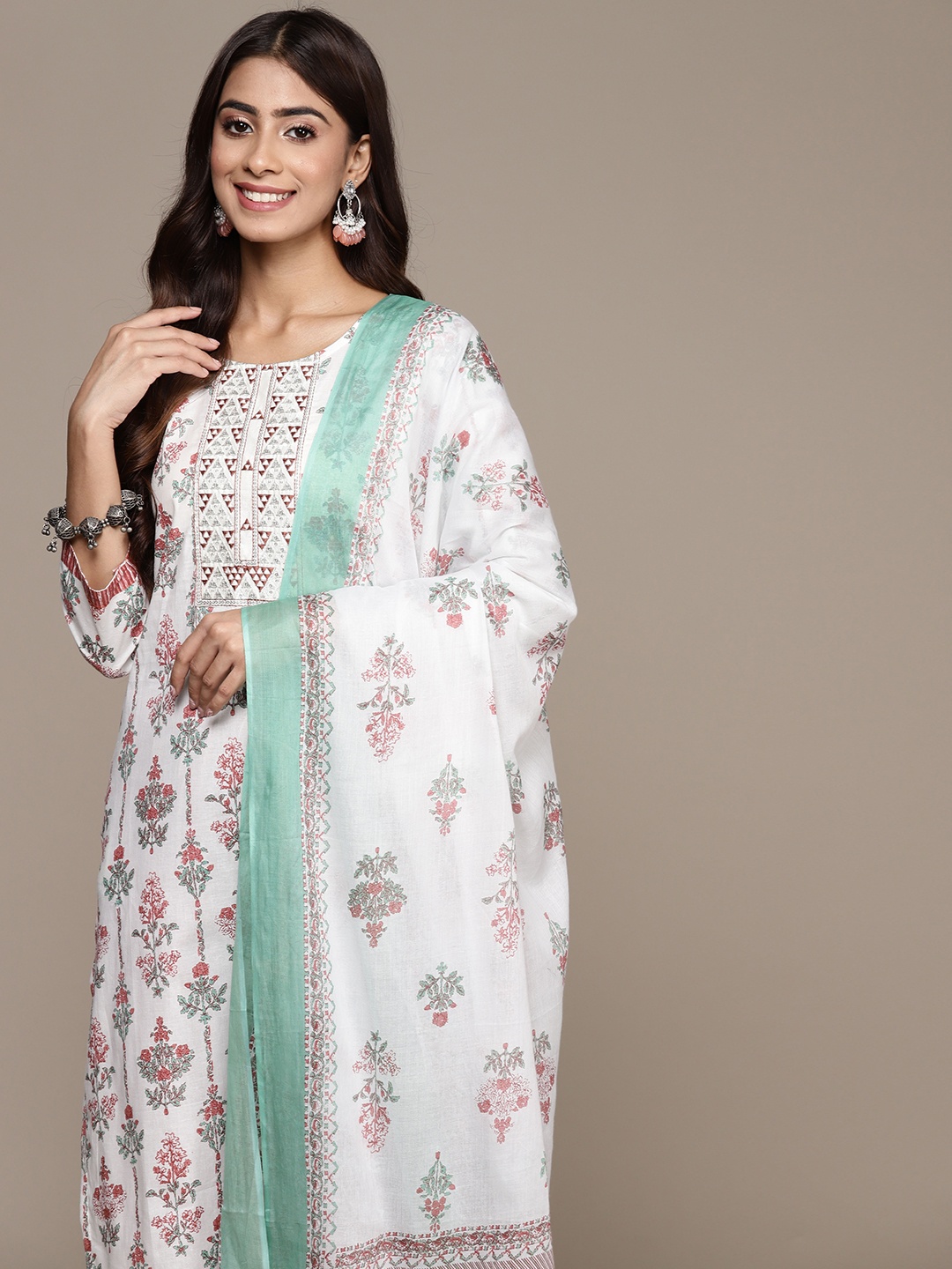 

Anubhutee Floral Printed Thread Work Pure Cotton Kurta with Trousers & Dupatta, Off white