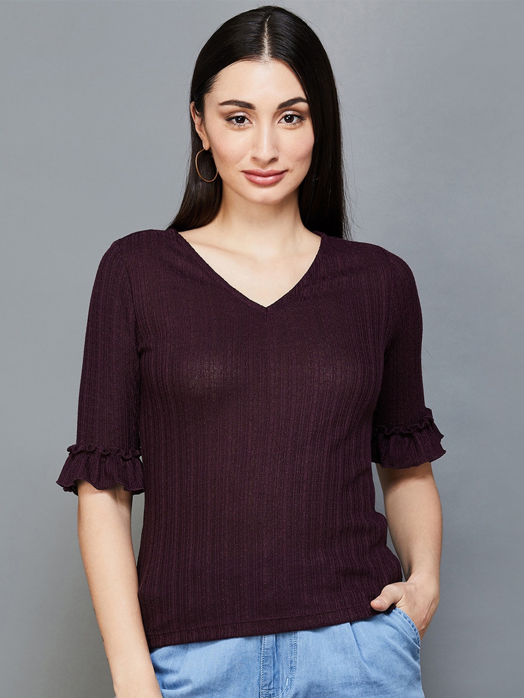 

Fame Forever by Lifestyle Self Design V-Neck Bell Sleeve Top, Maroon