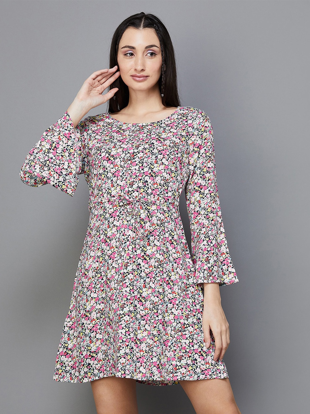 

Fame Forever by Lifestyle Floral Printed Bell Sleeve A-Line Dress, White