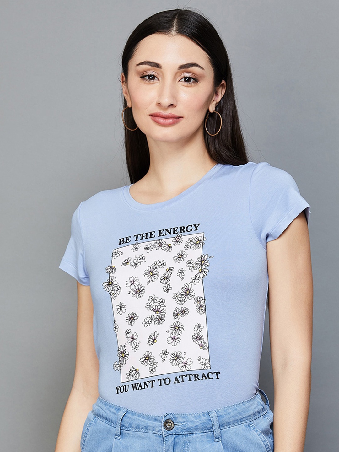 

Fame Forever by Lifestyle Floral Printed Round Neck T-Shirt, Blue