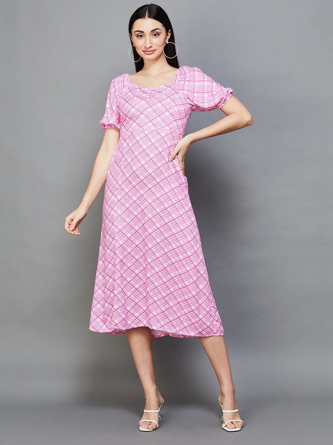 

Fame Forever by Lifestyle Checked Square Neck Puff Sleeves A-Line Midi Dress, Pink