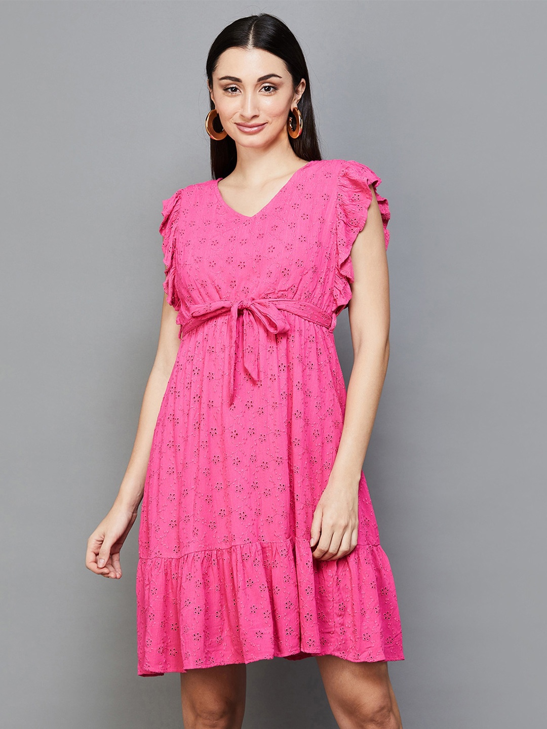 

Fame Forever by Lifestyle Self Designed V-Neck Flutter Sleeves Schiffli A-Line Dress, Pink