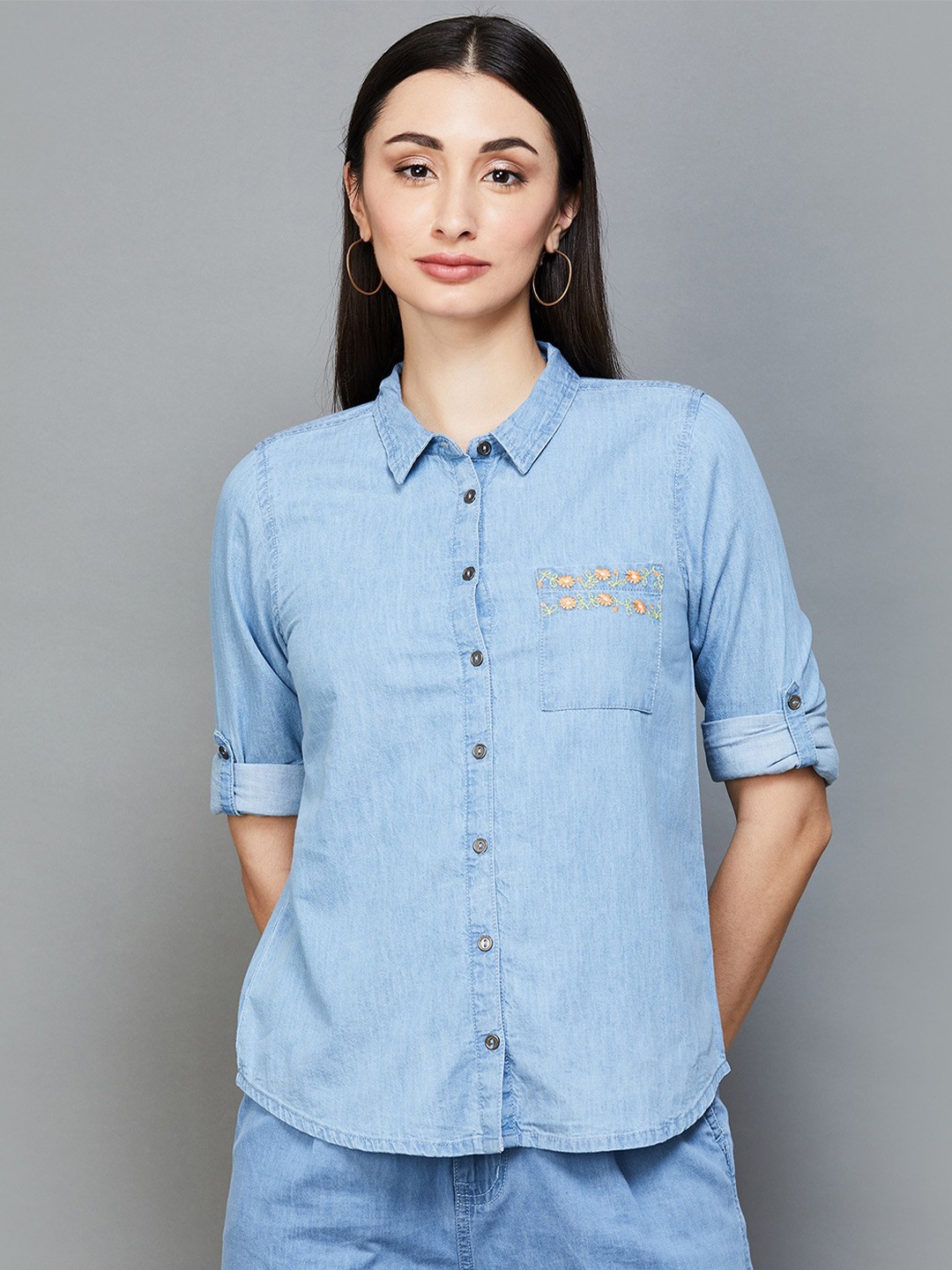 

Fame Forever by Lifestyle Roll-Up Sleeves Embroidered Pure Cotton Shirt Style Top, Blue