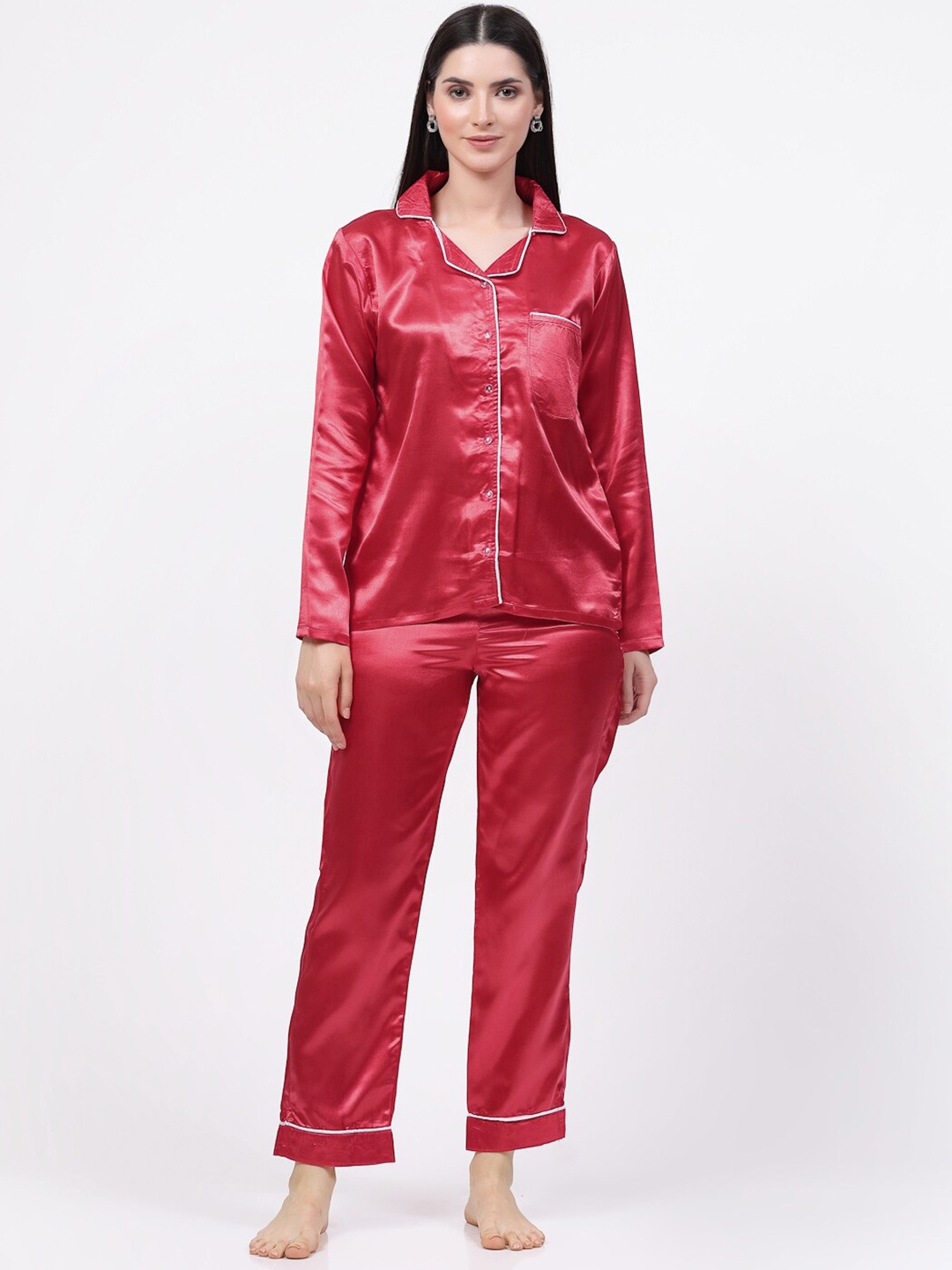 

KLOTTHE Lapel Collar Satin Night Suit, Red