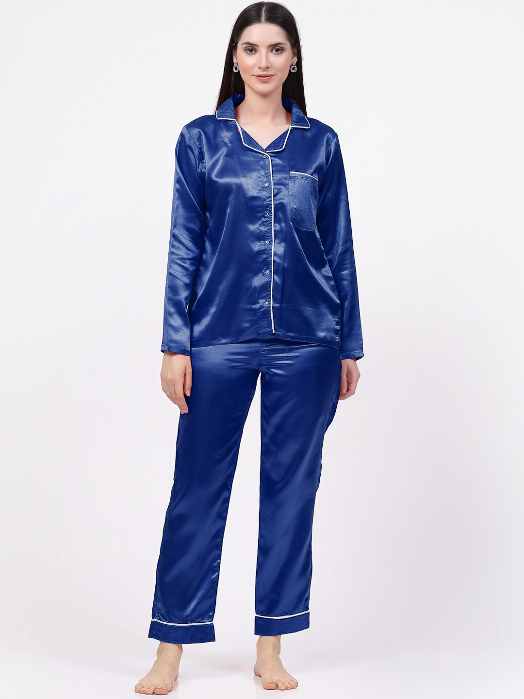 

KLOTTHE Notched Lapel Collar Satin Night suit, Blue