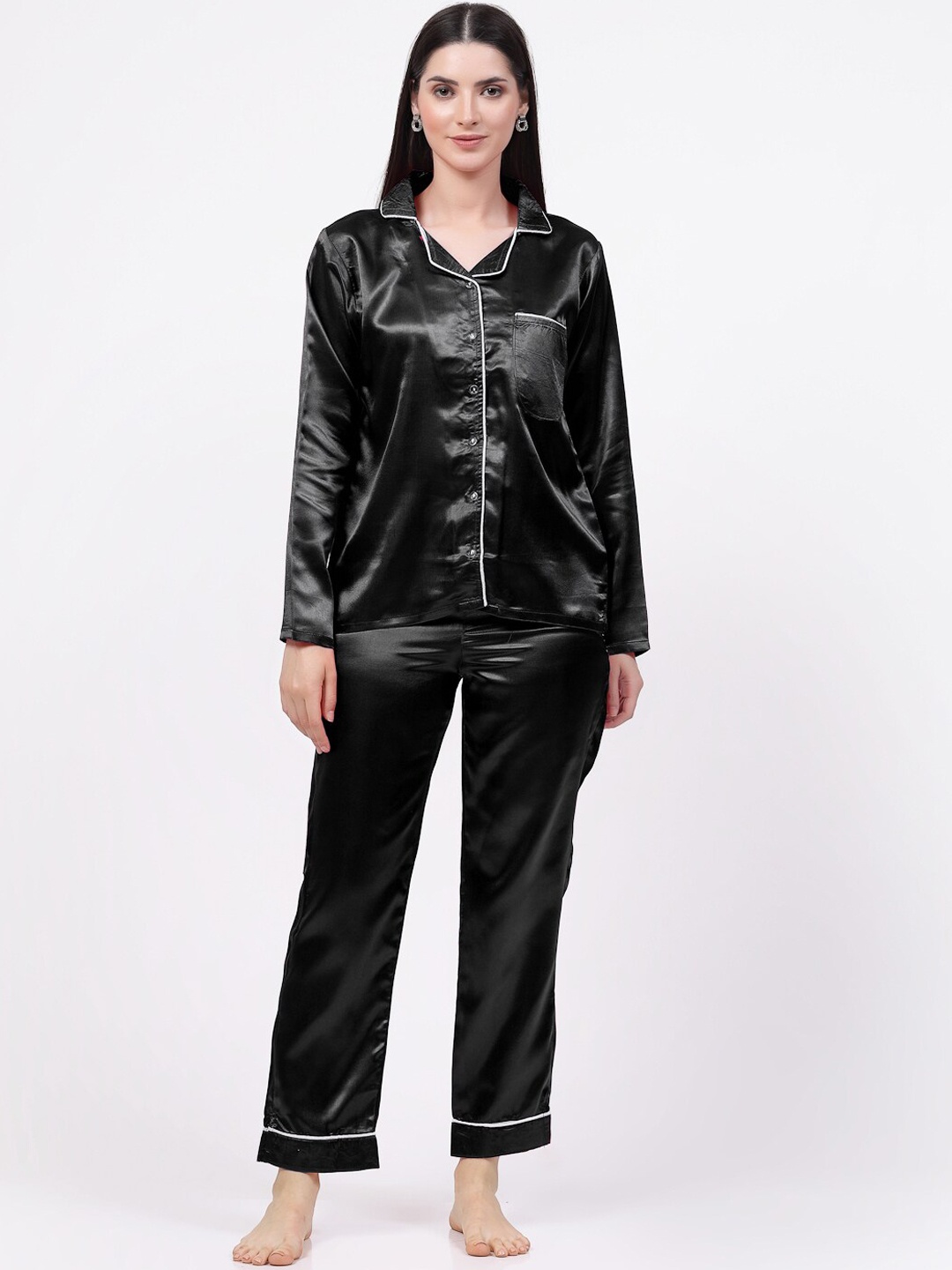 

KLOTTHE Notched Lapel Collar Satin Night suit, Black