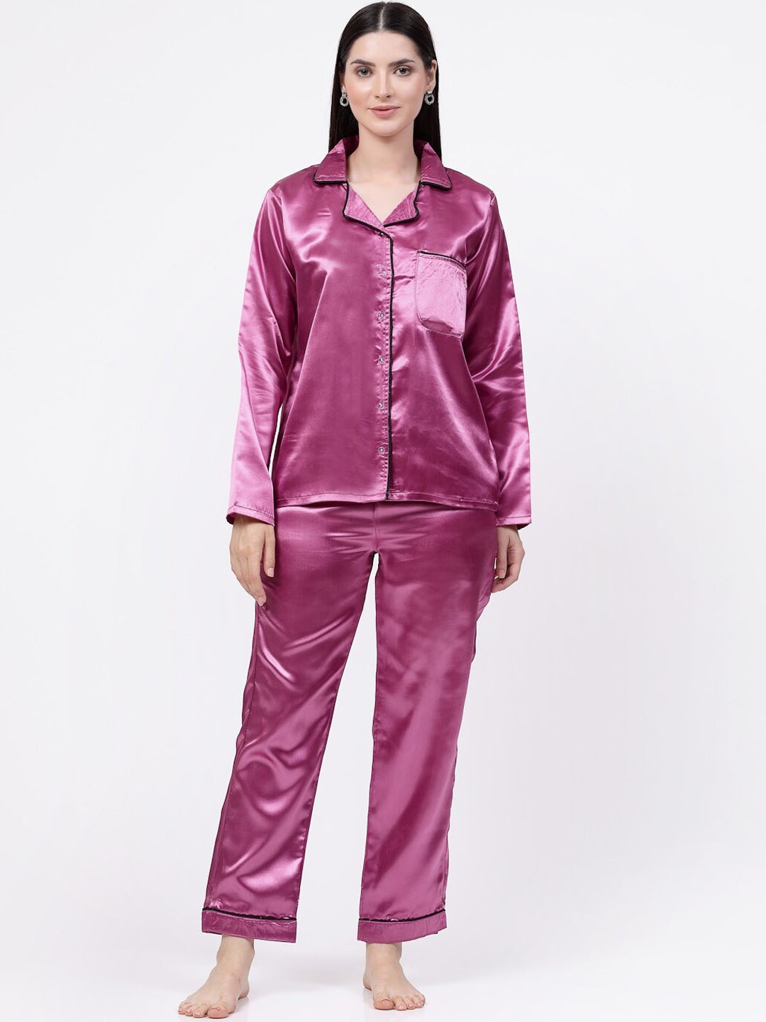 

KLOTTHE Notched Lapel Collar Satin Night suit, Purple