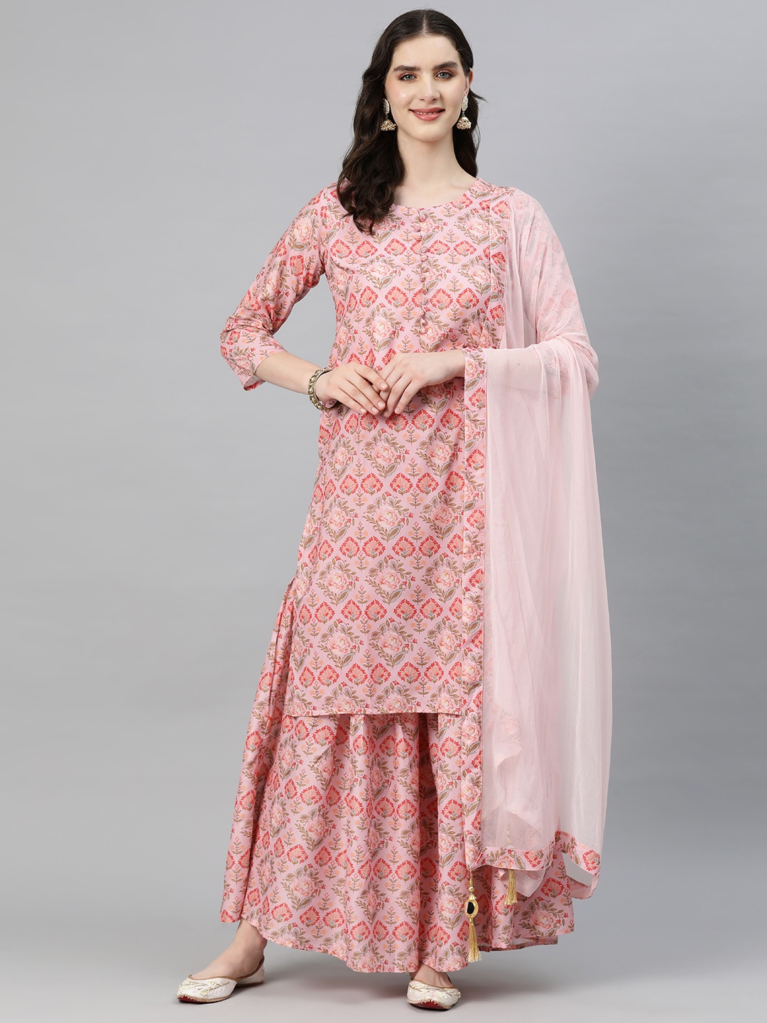 Readiprint Women Floral Printed Regular Kurta with Sharara & Dupatta, Pink